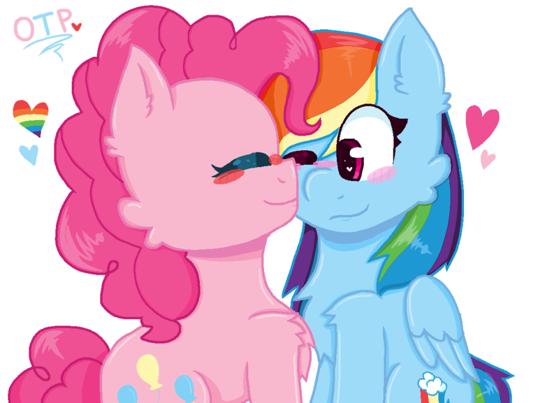 Size: 1200x866 | Tagged: safe, artist:oliviatheangelfox, derpibooru import, pinkie pie, rainbow dash, earth pony, pegasus, pony, blushing, chest fluff, cute, eyes closed, female, heart, image, lesbian, one eye closed, pinkiedash, png, shipping, simple background, white background, wink