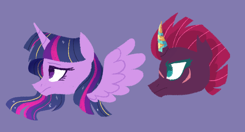 Size: 852x459 | Tagged: safe, alternate version, artist:yaaaco, derpibooru import, tempest shadow, twilight sparkle, twilight sparkle (alicorn), alicorn, pony, unicorn, bust, eye scar, female, image, lesbian, mare, png, prosthetic horn, prosthetics, purple background, scar, shipping, simple background, tempest gets her horn back, tempestlight