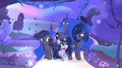 Size: 1024x571 | Tagged: safe, artist:velveagicsentryyt, derpibooru import, princess luna, oc, oc:lunais, oc:moonlight moon, oc:moonlight sonata, alicorn, pony, unicorn, female, filly, image, jpeg, mare, offspring, parent:king sombra, parent:princess luna, parents:lumbra