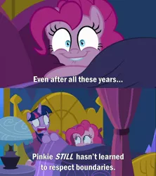 Size: 2000x2249 | Tagged: safe, derpibooru import, edit, edited screencap, screencap, pinkie pie, twilight sparkle, twilight sparkle (alicorn), alicorn, earth pony, pony, cakes for the memories, spoiler:cakes for the memories, spoiler:mlp friendship is forever, bed, bedroom, comic, creepy, duo, duo female, female, image, lamp, lip bite, mare, open mouth, personal space invasion, pillow, pinkie pie is watching you, png, screaming, screencap comic, shocked, shrunken pupils, smiling, solo, twilight's castle
