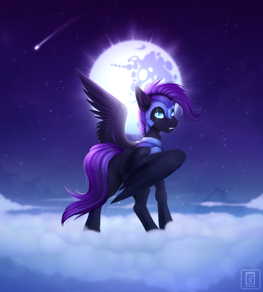 Size: 5315x5906 | Tagged: safe, artist:buvanybu, derpibooru import, oc, unnamed oc, unofficial characters only, pegasus, pony, absurd resolution, armor, butt, cloud, commission, fangs, featureless crotch, image, looking back, mare in the moon, moon, night, on a cloud, plot, png, shooting star, solo, standing on a cloud