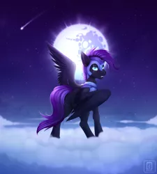 Size: 5315x5906 | Tagged: safe, artist:buvanybu, derpibooru import, oc, unnamed oc, unofficial characters only, pegasus, pony, absurd resolution, armor, butt, cloud, commission, fangs, featureless crotch, image, looking back, mare in the moon, moon, night, on a cloud, plot, png, shooting star, solo, standing on a cloud