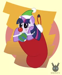 Size: 730x882 | Tagged: safe, artist:wheatley r.h., derpibooru import, oc, oc:twi clown, unofficial characters only, unicorn, :3, birthday gift, chewing, christmas, christmas stocking, clown makeup, clown nose, cute, derpibooru exclusive, eating, hat, holiday, horn, image, jpeg, santa hat, simple background, solo, unicorn oc, vector, watermark, world