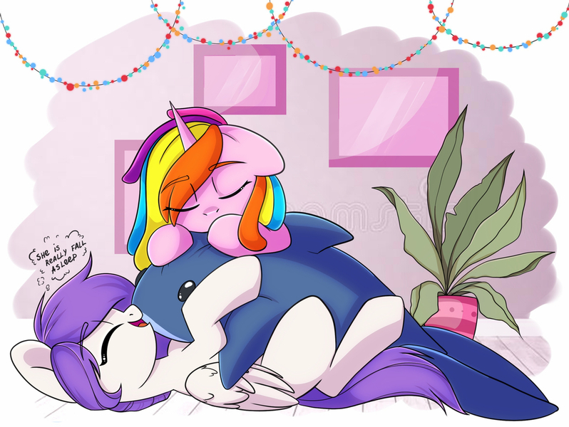 Size: 1280x963 | Tagged: safe, artist:cloud-fly, derpibooru import, oc, oc:lavender sunrise, oc:st. pinkie, unofficial characters only, alicorn, pegasus, pony, shark, cute, female, grammar error, image, jpeg, mare, plushie, shark plushie