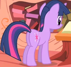 Size: 455x427 | Tagged: safe, derpibooru import, screencap, twilight sparkle, pony, unicorn, party of one, butt, cropped, female, golden oaks library, image, library, mare, plot, png, smiling, solo, twibutt, unicorn twilight