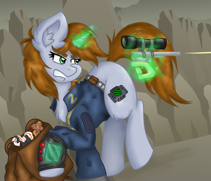 Size: 3051x2607 | Tagged: safe, artist:nightydream, derpibooru import, oc, oc:calamity, oc:littlepip, oc:velvet remedy, unofficial characters only, pony, unicorn, fallout equestria, clothes, female, gun, handgun, image, little macintosh, magic, mare, pipbuck, png, revolver, telekinesis, toy, vault suit, weapon