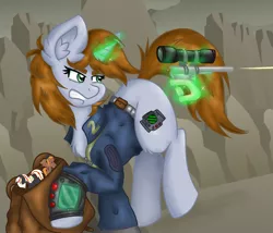 Size: 3051x2607 | Tagged: safe, artist:nightydream, derpibooru import, oc, oc:calamity, oc:littlepip, oc:velvet remedy, unofficial characters only, pony, unicorn, fallout equestria, clothes, female, gun, handgun, image, little macintosh, magic, mare, pipbuck, png, revolver, telekinesis, toy, vault suit, weapon