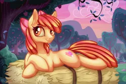 Size: 3000x2000 | Tagged: safe, artist:eltaile, derpibooru import, apple bloom, earth pony, pony, apple, apple orchard, bow, cute, draw me like one of your french girls, female, food, hay, hay bale, image, lying, lying down, mare, older, older apple bloom, orchard, outdoors, png, prone, smiling, solo, sweet apple acres, tree