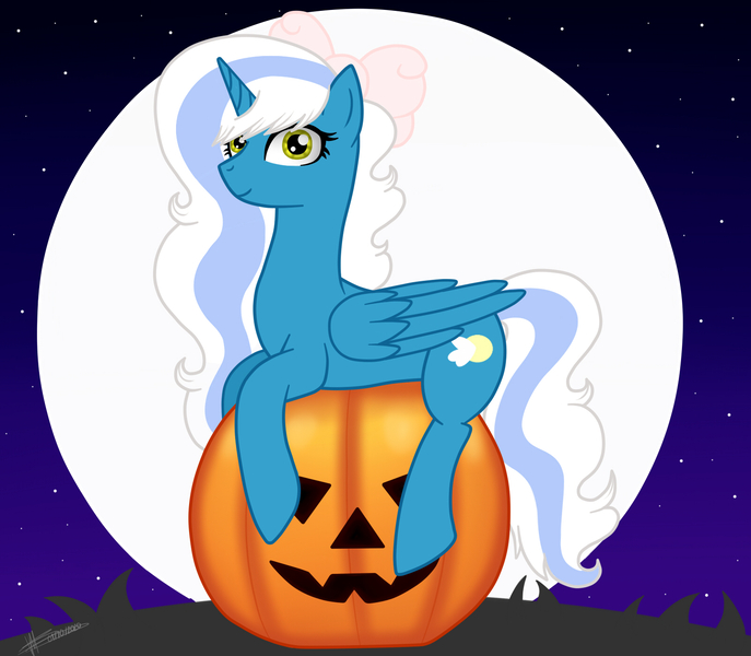 Size: 1600x1397 | Tagged: safe, artist:princessmoonsilver, derpibooru import, oc, oc:fleurbelle, unofficial characters only, alicorn, pony, alicorn oc, bow, female, hair bow, horn, image, jpeg, lying down, mare, moon, night, pumpkin, smiling, solo, stars, wings, yellow eyes