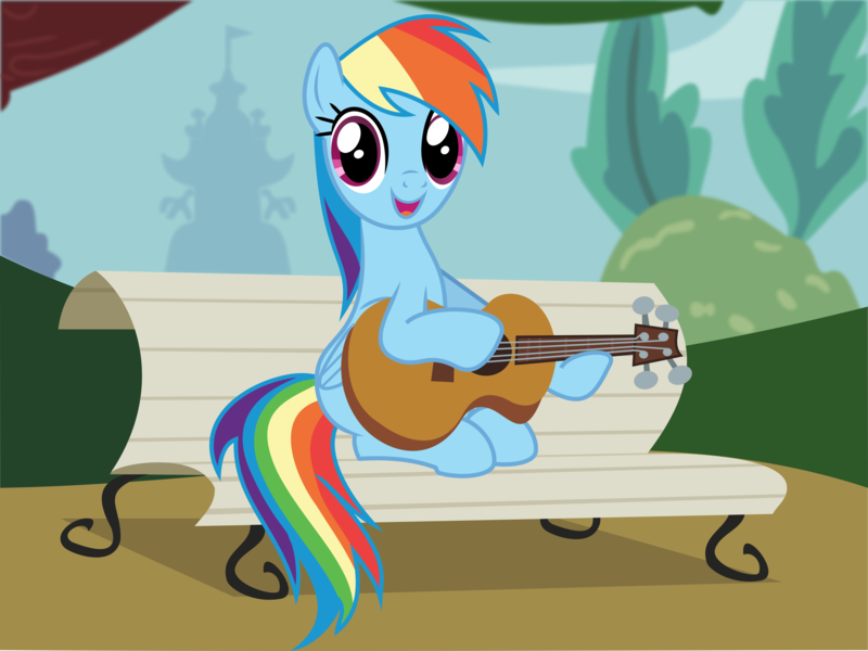 Size: 3601x2702 | Tagged: safe, anonymous artist, derpibooru import, rainbow dash, pegasus, pony, .svg available, bench, derpibooru exclusive, eyelashes, female, foal house, guitar, image, mare, musical instrument, open mouth, outdoors, png, sitting, smiling, solo, tree, vector