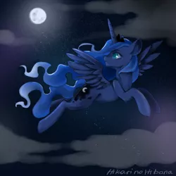 Size: 3543x3543 | Tagged: safe, artist:hikarinohibana, derpibooru import, princess luna, alicorn, pony, cloud, colored pupils, female, flying, high res, image, mare, moon, night, png, profile, sky, solo, spread wings, stars, wings