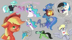Size: 1920x1080 | Tagged: safe, artist:another_pony, derpibooru import, applejack, berry punch, berryshine, derpy hooves, gallus, lyra heartstrings, octavia melody, princess celestia, princess luna, vinyl scratch, oc, oc:anonfilly, alicorn, earth pony, gryphon, pegasus, pony, unicorn, fanfic:background pony, art dump, birb, blushing, clothes, crying, dream, dream bubble, female, filly, floppy ears, gray background, head pat, heart, hoodie, hoof hold, image, jpeg, kissing, lesbian, long neck, looking at you, luna is not amused, lyra is not amused, lyre, mare, mouth hold, musical instrument, one eye closed, pat, petting, princess necklestia, red eyes, scratchtavia, seductive wink, shipping, siblings, simple background, sisters, spill, spilled drink, stuck, teary eyes, text, unamused, wall of tags, wink, winking at you