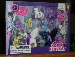 Size: 3536x2666 | Tagged: safe, derpibooru import, fluttershy, nightmare moon, pinkie pie, princess cadance, princess celestia, queen chrysalis, rainbow dash, rarity, twilight sparkle, bootleg, chinese knock-off, derpibooru exclusive, female, horse playset, image, jpeg, photo, toy