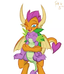 Size: 1761x2048 | Tagged: safe, artist:frist44, derpibooru import, smolder, spike, dragon, closed mouth, colored, colored sketch, commission, cute, dragoness, eyes closed, female, horns, hug, hug from behind, image, jpeg, legs in air, male, one eye closed, scrunchy face, shipping, signature, simple background, smiling, smolderbetes, spikabetes, spikelove, spolder, spread wings, squeezing, standing, straight, tail, teeth, underfoot, white background, wings