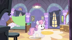 Size: 1280x720 | Tagged: safe, derpibooru import, screencap, sweetie belle, pony, unicorn, for whom the sweetie belle toils, banner, bed, bedroom, blank flank, blanket, box, carousel boutique, curtains, dresser, female, image, lamp, light, lightbulb, mirror, picture frame, pillow, png, poster, rug, running, solo, stool, window, worried