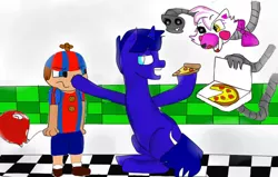 Size: 820x520 | Tagged: safe, artist:beyond_inside, derpibooru import, oc, pony, unicorn, animatronic, balloon boy, five nights at freddy's, food, hat, hoof hold, horn, image, indoors, jpeg, mangle, pizza, propeller hat, unicorn oc