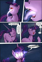 Size: 1920x2816 | Tagged: safe, artist:shieltar, derpibooru import, part of a set, twilight sparkle, pony, unicorn, comic:giant twilight, comic, cosmic vore, cute, dialogue, female, galaxy, giant pony, giant twilight sparkle, giantess, glowing eyes, image, jewelry, macro, magic, mare, necklace, nose in the air, part of a series, png, pony bigger than a galaxy, pony bigger than a planet, pony bigger than a solar system, pony bigger than a star, pony heavier than a black hole, pony heavier than a galaxy, signature, size difference, solo, space, stars, tangible heavenly object, unicorn twilight