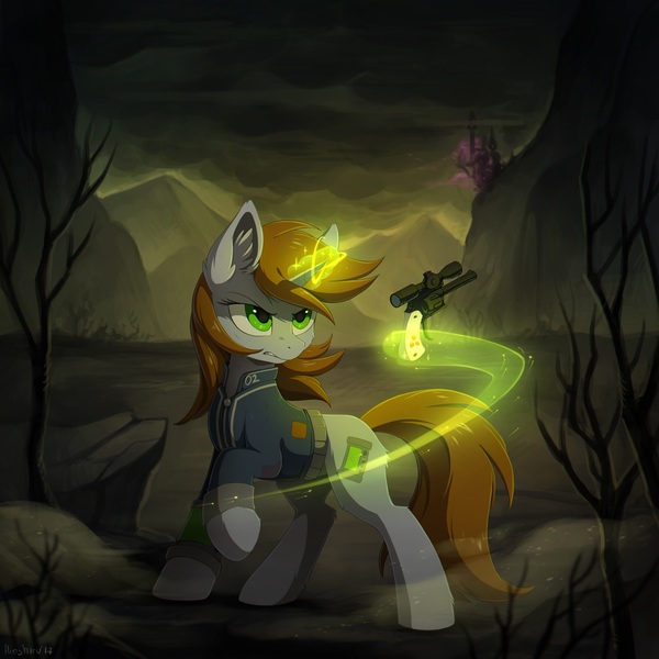 Size: 1920x1920 | Tagged: safe, artist:hioshiru, derpibooru import, oc, oc:littlepip, unofficial characters only, pony, unicorn, fallout equestria, fanfic, canterlot, cheek fluff, clothes, cover art, cutie mark, ear fluff, fanfic art, female, floppy ears, glowing horn, gun, handgun, hooves, horn, image, jpeg, leg fluff, levitation, little macintosh, magic, mare, optical sight, pink cloud (fo:e), pipbuck, revolver, shirt, solo, telekinesis, vault suit, wasteland, weapon