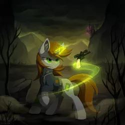 Size: 1920x1920 | Tagged: safe, artist:hioshiru, derpibooru import, oc, oc:littlepip, unofficial characters only, pony, unicorn, fallout equestria, fanfic, canterlot, cheek fluff, clothes, cover art, cutie mark, ear fluff, fanfic art, female, floppy ears, glowing horn, gun, handgun, hooves, horn, image, jpeg, leg fluff, levitation, little macintosh, magic, mare, optical sight, pink cloud (fo:e), pipbuck, revolver, shirt, solo, telekinesis, vault suit, wasteland, weapon