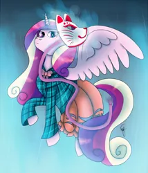 Size: 900x1050 | Tagged: safe, artist:eliestia, derpibooru import, princess cadance, alicorn, pony, clothes, cosplay, costume, crossover, dress, female, hata no kokoro, image, irony, jpeg, kabuki, mare, mask, skirt, solo, touhou, wings