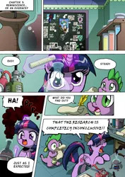 Size: 1204x1700 | Tagged: safe, artist:tarkron, derpibooru import, spike, twilight sparkle, twilight sparkle (alicorn), alicorn, dragon, pony, comic:the royal sandal, beaker, bunsen burner, comic, image, png, quill, scroll, test tube