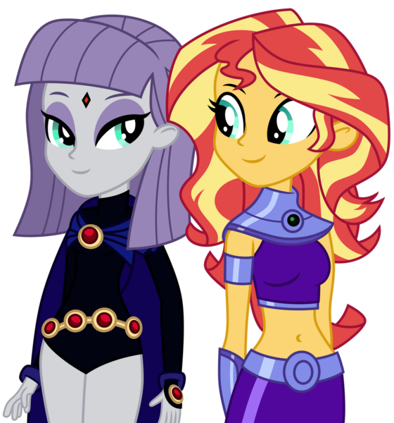 Size: 1024x1098 | Tagged: safe, artist:emeraldblast63, derpibooru import, maud pie, sunset shimmer, equestria girls, belly button, clothes, cosplay, costume, crossover, female, halloween, holiday, image, png, raven (teen titans), simple background, smiling, starfire, teen titans, transparent background, when she smiles