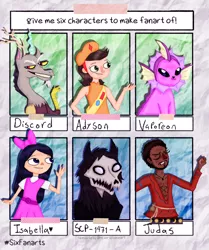 Size: 1828x2182 | Tagged: safe, artist:mexicangirl12, derpibooru import, discord, draconequus, human, vaporeon, six fanarts, bowtie, bust, clothes, crossover, dark skin, female, hat, image, phineas and ferb, png, pokémon, scp, scp-1471, shiny pokémon, smiling