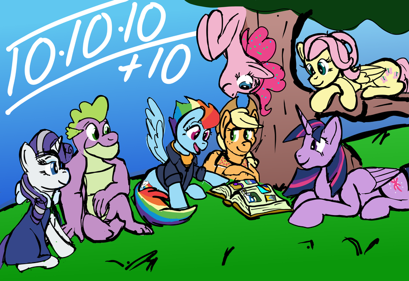 Size: 1600x1100 | Tagged: safe, artist:flying pancake, derpibooru import, applejack, fluttershy, pinkie pie, rainbow dash, rarity, spike, twilight sparkle, twilight sparkle (alicorn), alicorn, dragon, earth pony, pegasus, pony, unicorn, the last problem, 10, book, book of harmony, gigachad spike, granny smith's shawl, happy birthday mlp:fim, image, mane seven, mane six, mlp fim's tenth anniversary, older, older applejack, older fluttershy, older mane seven, older mane six, older pinkie pie, older rainbow dash, older rarity, older spike, older twilight, png, skunk stripe