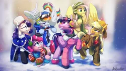 Size: 2560x1440 | Tagged: safe, artist:anticular, derpibooru import, applejack, fluttershy, pinkie pie, rainbow dash, rarity, twilight sparkle, twilight sparkle (alicorn), alicorn, earth pony, pegasus, pony, unicorn, clothes, earmuffs, flying, goggles, hat, image, jacket, jpeg, mane six, one eye closed, open mouth, outfit, raised hoof, scarf, smiling, snow, sweater, wink, winter, winter outfit