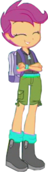Size: 281x1000 | Tagged: safe, derpibooru import, edit, edited screencap, screencap, scootaloo, human, equestria girls, equestria girls series, fomo, spoiler:eqg series (season 2), background removed, backpack, boots, clothes, cropped, crossed arms, eyes closed, female, hoodie, image, png, shoes, shorts, smiling, solo, teeth