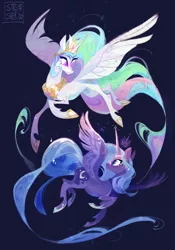 Size: 2550x3651 | Tagged: safe, artist:stasya_sher, derpibooru import, princess celestia, princess luna, alicorn, pony, blue background, crown, duo, female, high res, image, jewelry, jpeg, mare, profile, regalia, royal sisters, siblings, simple background, sisters, spread wings, wings