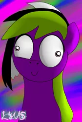 Size: 1080x1608 | Tagged: safe, artist:linasnake, derpibooru import, pony, abstract background, big eyes, crazy face, faic, halfbody, image, png, pony oc, signature, smiling