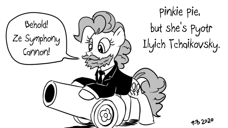 Size: 1200x675 | Tagged: safe, artist:pony-berserker, derpibooru import, pinkie pie, earth pony, pony, 1812 overture, beard, clothes, facial hair, female, grayscale, image, mare, monochrome, necktie, party cannon, png, pony-berserker's twitter sketches, pyotr ilyich tchaikovsky, romantic era, solo, stippling, suit, this will end in deafness, this will end in death, this will end in destruction, this will end in tears, this will end in tears and/or death