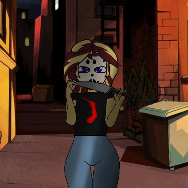 Size: 768x768 | Tagged: semi-grimdark, derpibooru import, sunset shimmer, equestria girls, creepy, hockey mask, horror, image, jpeg, killer, knife, mask, pyschopath