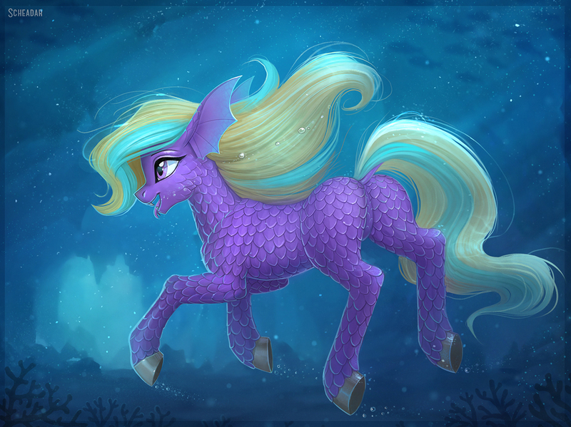 Size: 1200x899 | Tagged: safe, artist:scheadar, derpibooru import, oc, unofficial characters only, fish, pony, bubble, cave, commission, coral, crepuscular rays, female, flowing mane, flowing tail, image, jpeg, ocean, open mouth, purple eyes, scales, solo, swimming, tail, teeth, tongue out, underwater, water