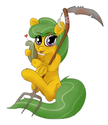 Size: 3700x4292 | Tagged: suggestive, derpibooru import, oc, oc:yellow squash, unofficial characters only, earth pony, pony, /ss/, bandage, cutie mark, feather, heart, image, looking at you, pitchfork, png, scythe, scythefork, simple background, solo, squash, tongue out, transparent background