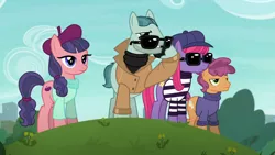 Size: 1280x720 | Tagged: safe, derpibooru import, screencap, late show, on stage, raspberry beret, stardom, earth pony, pony, made in manehattan, beret, clothes, female, hat, image, male, mare, png, stallion, sunglasses, sweater, turtleneck