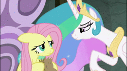Size: 992x552 | Tagged: suggestive, derpibooru import, edit, edited screencap, fifteen.ai, screencap, fluttershy, princess celestia, alicorn, pegasus, pony, horse play, animated, duo, duo female, eye contact, eyes closed, female, floppy ears, flutterlestia, grin, image, lesbian, lidded eyes, looking at each other, mare, meme, open mouth, raised hoof, shipping, sitting, smiling, subtle as a train wreck, talking, trollestia, webm