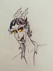 Size: 780x1040 | Tagged: safe, artist:valeriamagicart, derpibooru import, discord, human, bust, forked tongue, horn, horned humanization, horns, humanized, image, jpeg, monochrome, partial color, tongue out, traditional art