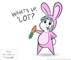 Size: 468x392 | Tagged: safe, artist:banebuster, derpibooru import, princess celestia, pony, series:tiny tia, animal, animal costume, bipedal, bugs bunny, bunny costume, bunny suit, bunnylestia, carrot, chibi, clothes, costume, cute, cutelestia, food, herbivore, image, jpeg, looking at you, note, pointy ponies, simple background, solo, standing, tiny, tiny ponies