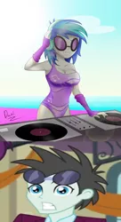 Size: 1200x2200 | Tagged: safe, artist:danielitamlp, derpibooru import, edit, screencap, neon lights, rising star, vinyl scratch, equestria girls, friendship games, beach, big breasts, breasts, busty vinyl scratch, clothes, cropped, female, gloves, headphones, image, long gloves, male, ocean, one-piece swimsuit, png, raised arm, shipping, shipping domino, smiling, straight, sun, sunglasses, swimsuit, turntable, vinylights