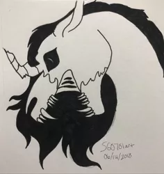 Size: 1080x1142 | Tagged: safe, artist:stargazerseven, derpibooru import, oc, unofficial characters only, pony, unicorn, bust, horn, image, jpeg, lineart, monochrome, open mouth, sharp teeth, signature, skull, teeth, traditional art, unicorn oc