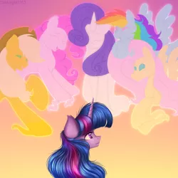 Size: 3000x3000 | Tagged: safe, artist:darklight1315, derpibooru import, applejack, fluttershy, pinkie pie, rainbow dash, rarity, twilight sparkle, twilight sparkle (alicorn), alicorn, earth pony, pegasus, pony, unicorn, happy birthday mlp:fim, image, immortality blues, mane six, mlp fim's tenth anniversary, png, spirit, sunset