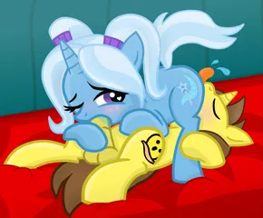 Size: 2015x1667 | Tagged: explicit, artist:earth_pony_colds, artist:grapefruitface1, derpibooru import, trixie, oc, oc:grapefruit face, pony, unicorn, 69 position, alternate hairstyle, babysitter trixie, balls, base used, bed, bedroom, blowjob, blushing, canon x oc, clothes, curtains, derpibooru exclusive, drool, female, gameloft, glazed dick, grapexie, heart eyes, hoodie, image, licking, lidded eyes, looking back, looking over shoulder, male, nudity, one eye closed, oral, penis, pigtails, png, ponytail, raised tail, salivating, sex, shipping, straight, tail, tongue out, twintails, wingding eyes