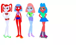 Size: 1909x1136 | Tagged: safe, artist:mario101, derpibooru import, oc, oc:cooky phan, oc:may tress, oc:sugar sally, oc:valuable rare, unofficial characters only, equestria girls, belly button, breasts, clothes, female, hands on hip, image, jpeg, looking at you, midriff, palindrome get, shirt, shorts, simple background, skirt, smiling, t-shirt, white background