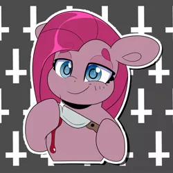 Size: 2048x2048 | Tagged: semi-grimdark, artist:partylikeanartist, derpibooru import, pinkie pie, earth pony, pony, abstract background, blood, bust, eyebrows, eyebrows visible through hair, high res, image, inverted cross, jpeg, knife, pinkamena diane pie, solo, upside down cross, wingding eyes