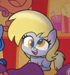 Size: 534x573 | Tagged: safe, derpibooru import, screencap, derpy hooves, earth pony, pony, my little pony: pony life, animation error, cropped, female, image, mare, missing wing, no wing, png, sitting, smiling, solo focus, sportacular spectacular musical musak-ular, we shine brighter together, wingless, wingless derpy hooves