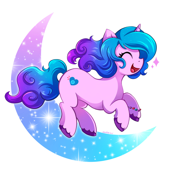 Size: 3600x3600 | Tagged: safe, artist:autumn rush, derpibooru import, izzy moonbow, pony, unicorn, abstract background, cute, eyes closed, female, g5, high res, image, izzybetes, jpeg, mare, open mouth, profile, solo, sparkles, unshorn fetlocks