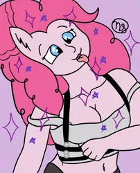 Size: 2500x3100 | Tagged: suggestive, artist:demitri, derpibooru import, pinkie pie, anthro, :3, adorasexy, belly button, breasts, busty pinkie pie, cleavage, clothes, collarbone, colored, cross-eyed, cute, diapinkes, head tilt, image, jpeg, midriff, off shoulder, pony ears, purple background, sexy, signature, simple background, solo, sparkles, stars, tongue out