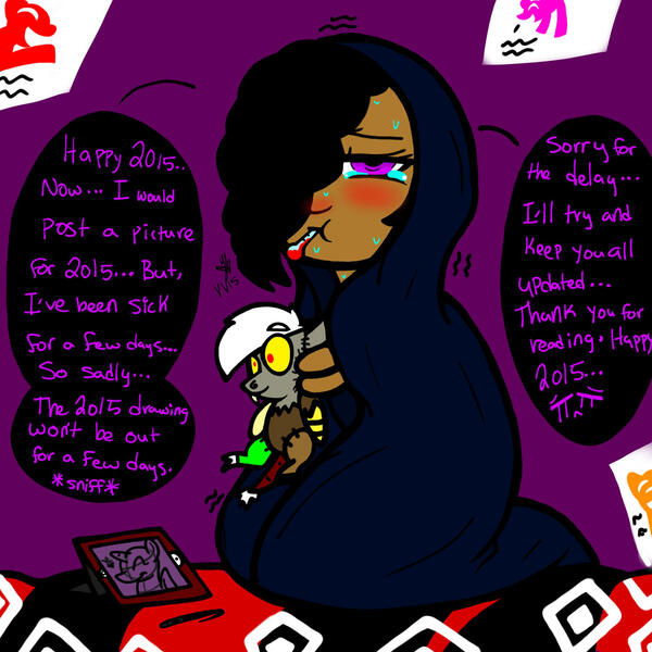 Size: 2048x2048 | Tagged: safe, artist:artmama113, derpibooru import, discord, oc, draconequus, human, pony, backwards thermometer, crying, female, image, jpeg, plushie, poster, sick, sweat, talking, thermometer